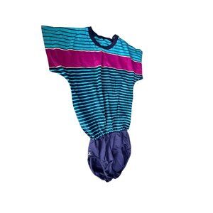 Vintage DANSKIN  Blouson Leotard OnePiece Cotton BlendMedium Striped Teal Magent